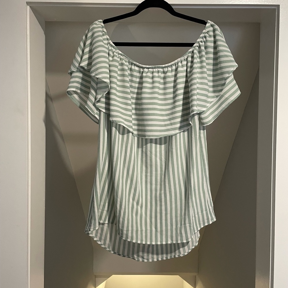 Mint Striped Ruffle Off Shoulder Top